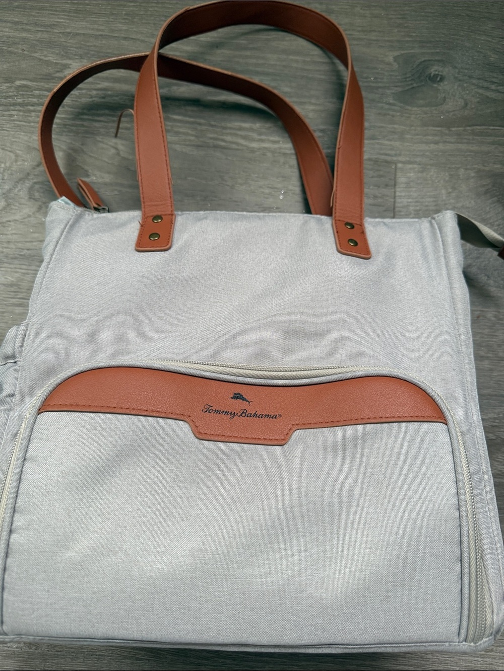 Tommy Bahama Light Gray Canvas Lunch Tote insulated  with Brown Trim and Handles